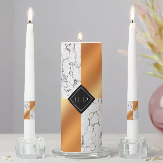 Elegant Marble & Copper Foil Monogram Wedding Unity Candle Set