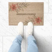 Custom Family Name Pink Floral Corners Coir Doormat