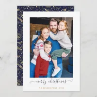 Navy Blue Gold Simple Script Merry Christmas Photo Holiday Card