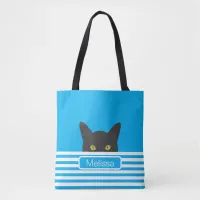 Personalized Blue Stripe Peeking Black Cat   Tote Bag