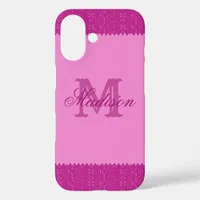 Girly pink glitter zigzag, monogram iPhone 16 case