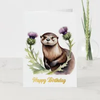 Watercolor Otter and Thistles Birthday Foil Greeting Card