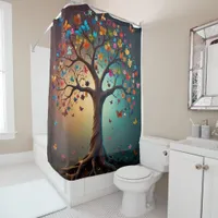 Tree in Bloom, coloured Flowers & butterflies Shower Curtain