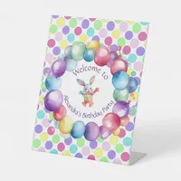 Cute Colorful Watercolor Bunny and Polka Dots Pedestal Sign