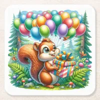 Cute Watercolor Cartoon Squirrel Birthday Square Paper Coaster