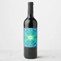 Chic Artistic Mandala Artwork in Aqua Colors Wine Label