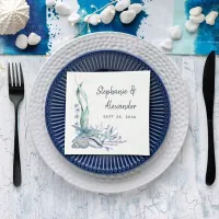 Blue Ocean Beach Seashells Watercolor Wedding Napkins