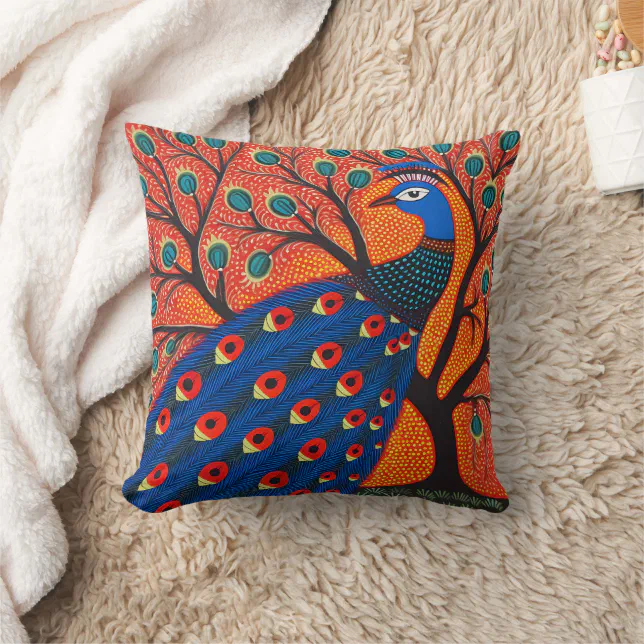 Indian Gond Art Peacock | Art of India Throw Pillow