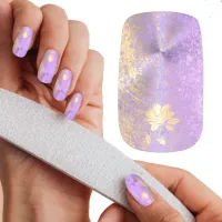 Flower on gold brushed steel & purple glitter minx nail art