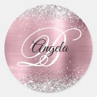 Faux Silver Glitter Pale Pink Foil Monogram Classic Round Sticker