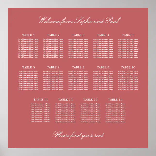 Dusty Rose Pink 14 Table Seating Chart Poster