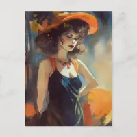 Woman With Black Dress With Orange Straps Postcard