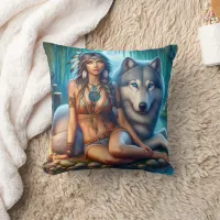 Native American Woman Sitting Beside A Wolf Throw Pillow