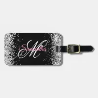 Silver Glitter Black White and Pink Fancy Monogram Luggage Tag