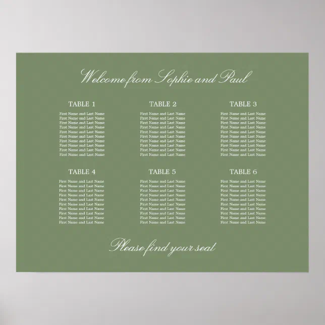 Sage Green 6 Table Wedding Seating Chart Poster