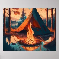 Tent and Campfire Vintage Colors Art Poster