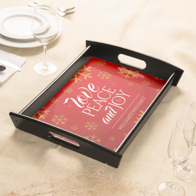 Festive Red Love, Peace, and Joy with Snowflakes Serving Tray