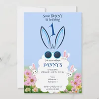 Blue Bunny Flower Garden Spring Summer Birthday Invitation