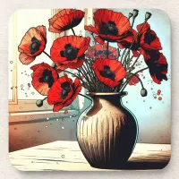 Pretty Vase of Red Poppies ai art Beverage Coaster