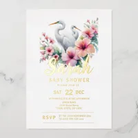 Tropical Egret Bird Coastal Baby Shower Foil Invitation