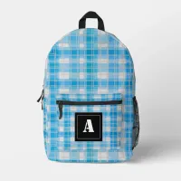 Plaid Pattern Gingham Check Light Blue Monogram Printed Backpack