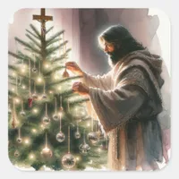 Jesus the Messiah Decorating Christmas Tree Square Sticker