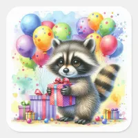 Cute Watercolor Cartoon Raccoon Birthday Square Sticker
