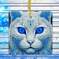 Ethereal White Cat with Blue Eyes Christmas Ceramic Ornament