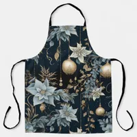 Blue and Gold Christmas Ornaments Poinsettias Apron