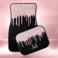 Monogram Metallic Blush Pink Glitter Drip on Black Car Floor Mat