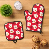 Maneki Neko Cute Lucky Cat on Red Oven Mitt & Pot Holder Set