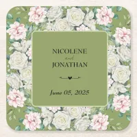 Elegant Floral Embrace Wedding Square Paper Coaster