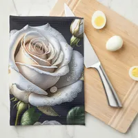 Gorgeous white roses with golden details kitchen towel