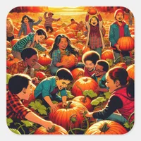 Kids having Fun at the Pumpkin Patch Halloween Square Sticker