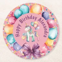 Cute Colorful Watercolor Unicorn Birthday Round Paper Coaster