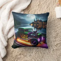 Hot rod racing by a night lake throw pillow