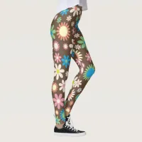 Brown, pink and blue retro Flowers Leggings