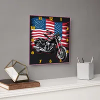 Classic motorcycle adorned with the American flag Square Wall Clock