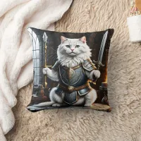 Cat Clad in Armor Wielding Sword and Spear Throw Pillow