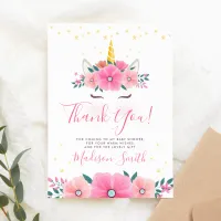 Watercolor Unicorn Face Floral Stars Baby Shower Thank You Card