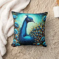 Colorful Peacock Among Vibrant Blue Flowers Throw Pillow