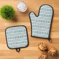 Southwest Winter Snowflakes & Pine Tree Blue White Oven Mitt & Pot Holder Set