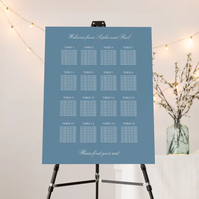 Dusty Blue 16 Table Wedding Seating Chart Foam Board