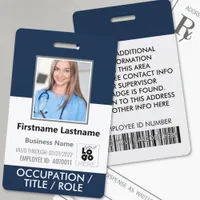 Photo, Barcode, Name and Logo Navy Blue ID Badge