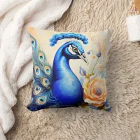 Colorful Peacock Among Vibrant Flowers Throw Pillow