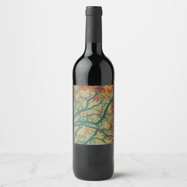 Happy New Year green tree red leaves Wine Label