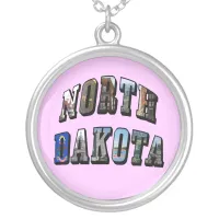 North Dakota Picture Text Silver Plated Necklace