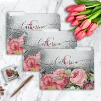 Vintage Flowers On Black White Name and Initial File Folder