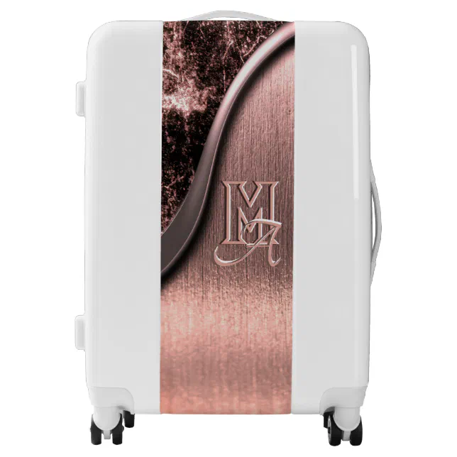 Pink brushed metal and metallic stone monogrammed luggage