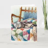 Sweet Gray Cat Sleeping on a Quilt Card